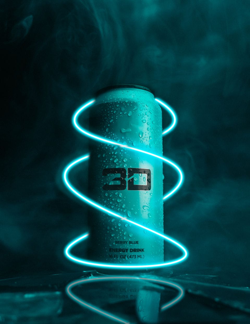 Condensation-covered energy drink can wrapped in a spiral of teal neon light, smoke behind